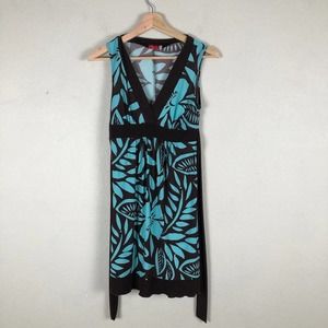 Ruby Rox Dress Brown Blue Tropical Knee Length Back‎ Tie V Neck Size Small